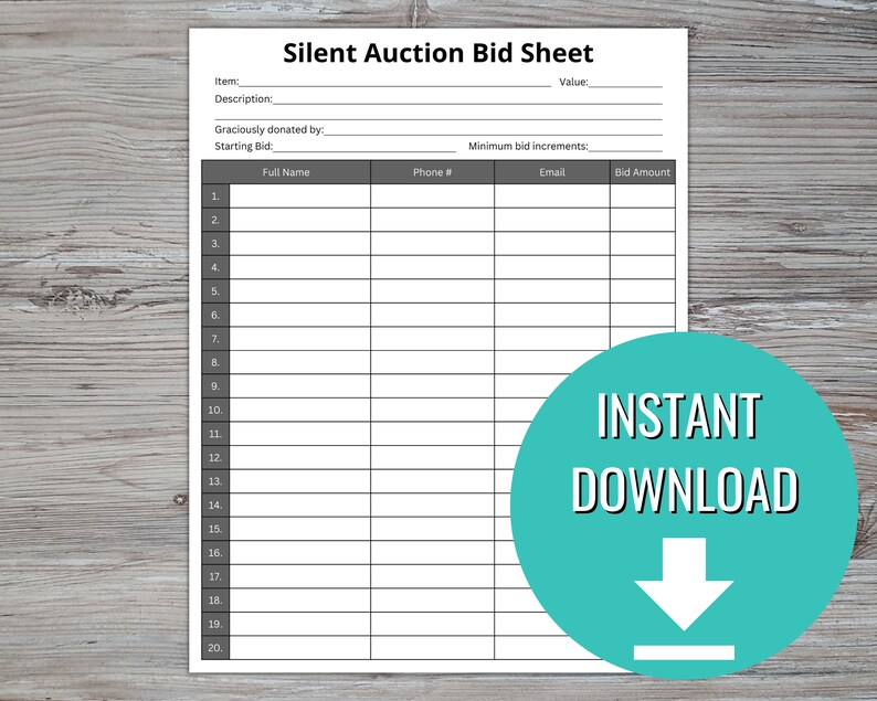 Silent auction bid sheet editable silent auction form silent auction