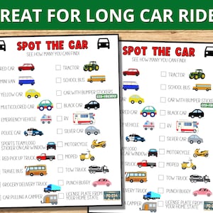 May include: Two printable game cards with a list of vehicles to spot on a car journey. The list includes red car, mini van, yellow car, multicoloured car, emergency vehicle, police car, sports team logo sticker on car window, red pick up truck, travel bus, grocery delivery truck, car pulling a camper, tractor, school bus, car with bumper stickers, black car, RV, silver car, motorcycle, moped, tow truck, punch buggy, licence plate from your home state.