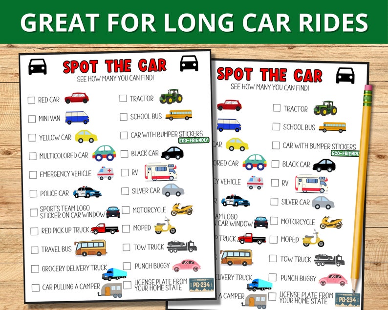 May include: Two printable game cards with a list of vehicles to spot on a car journey. The list includes red car, mini van, yellow car, multicoloured car, emergency vehicle, police car, sports team logo sticker on car window, red pick up truck, travel bus, grocery delivery truck, car pulling a camper, tractor, school bus, car with bumper stickers, black car, RV, silver car, motorcycle, moped, tow truck, punch buggy, licence plate from your home state.