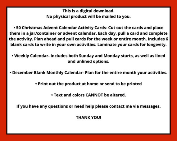 Christmas Advent Calendar Activity Cards, Family Holiday Activities Calendar,  Advent Calendar for Kids, Christmas Activity Cards - Etsy