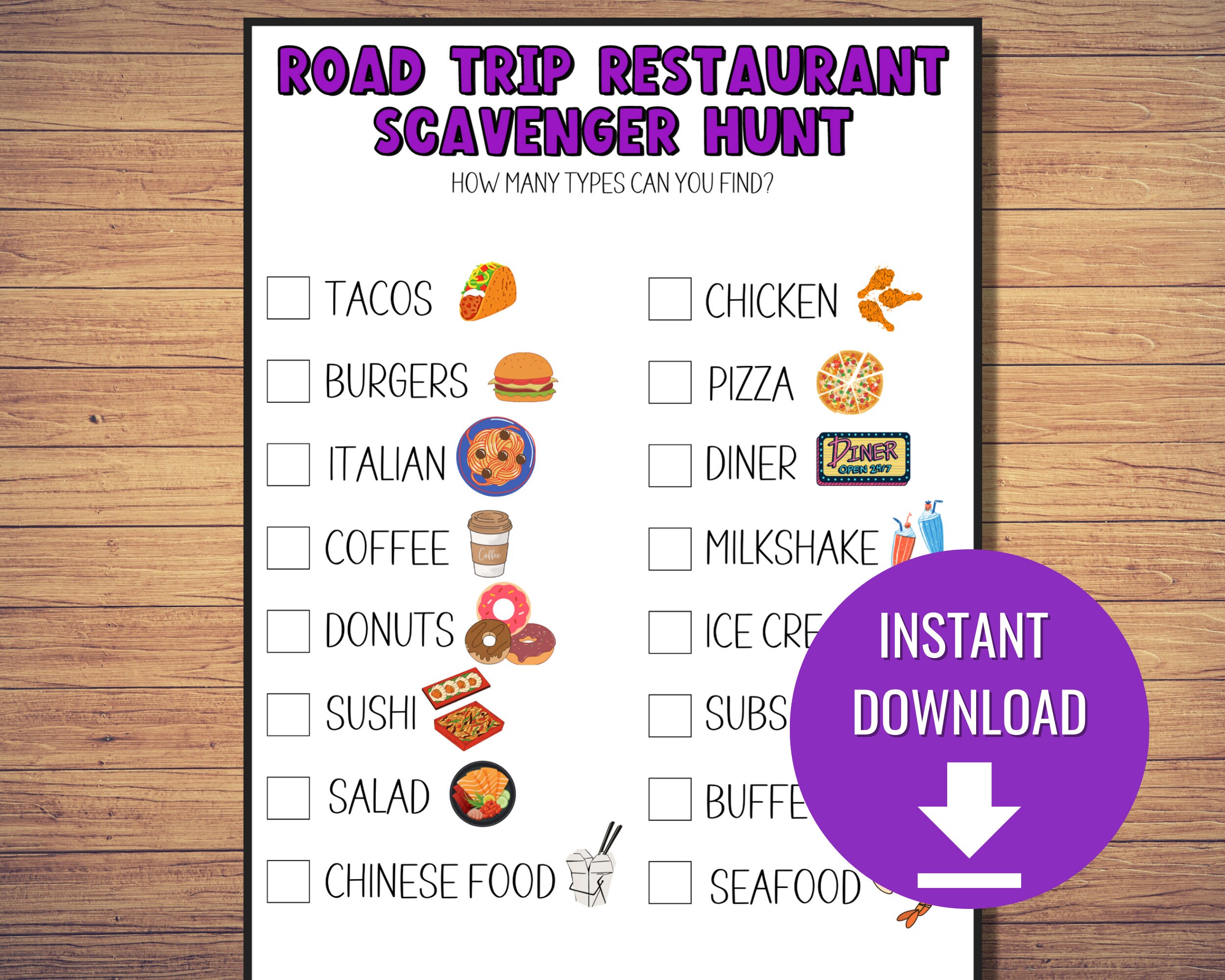 Road Trip Scavenger Hunt, Restaurant Scavenger Hunt Printable for Kids ...