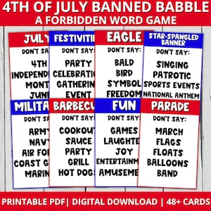 Juego de fiesta imprimible del 4 de julio, Babble prohibido Un juego de palabras prohibidas, juegos familiares para el 4 de julio