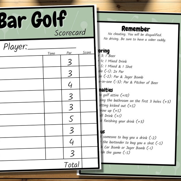 Custom Bar Golf Pub Golf Scorecard, Bar Golf and Pub Golf Printable Game