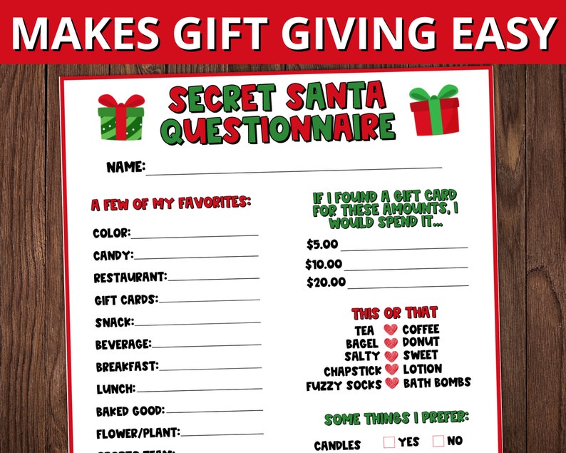 Secret Santa Questionnaire Christmas Gift Exchange Survey Etsy