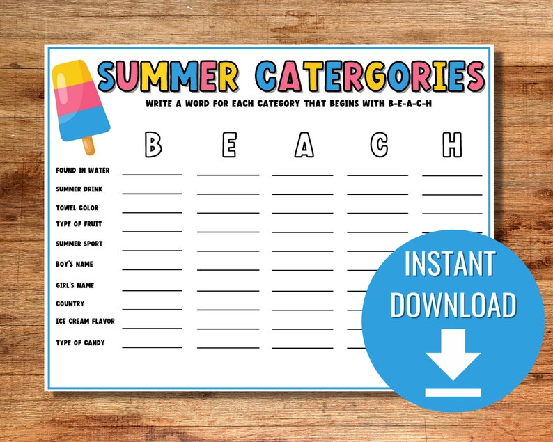 Summer Categories Game Printable Summer Game for Kids &amp; - Etsy