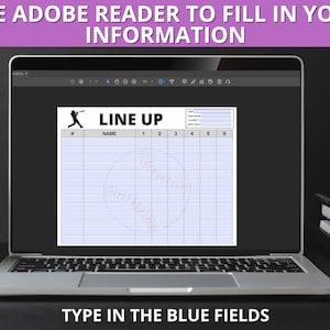 May include: A laptop computer displaying a baseball lineup form with blue fields for typing in player names and positions. The form includes a baseball graphic and the text "LINE UP".