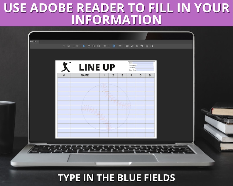May include: A laptop computer displaying a baseball lineup form with blue fields for typing in player names and positions. The form includes a baseball graphic and the text "LINE UP".