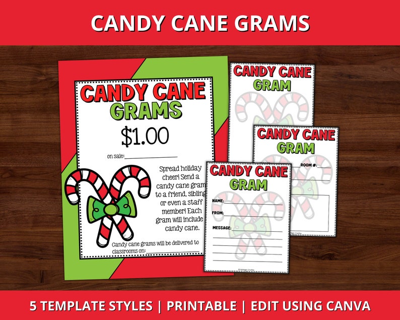 Peut inclure: Mod&egrave;les de gramme de canne &agrave; sucre imprimables pour les salles de classe. Les mod&egrave;les pr&eacute;sentent une canne &agrave; sucre rouge et blanche avec un n&oelig;ud vert. Le texte sur le mod&egrave;le indique "Candy Cane Grams" et "1,00 &euro;".