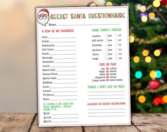 Secret Santa Questionnaire, Christmas Gift Exchange, Office Holiday Party Games, Secret Santa Wish List