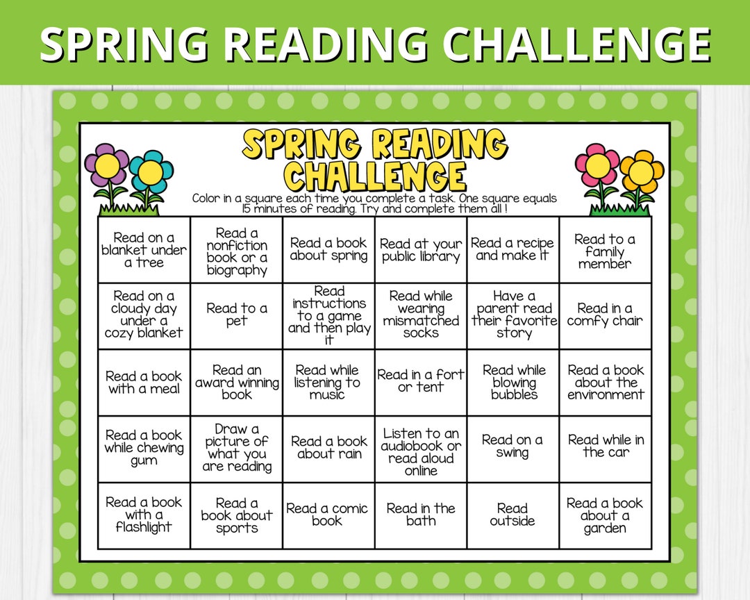 Spring Reading Challenge for Kids, Reading Printable Activities, Kids