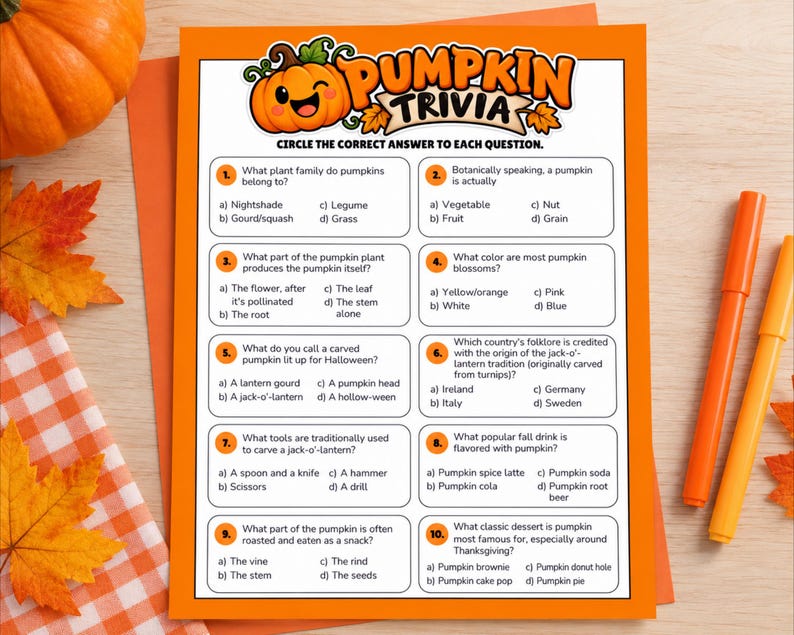 How Many Question Sign Cartoon Pumpkin Trivia Game, Printable Fall Party Game for Kids, Halloween ...