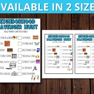 Op de afbeelding: Twee witte vellen papier met een blauwgroene "Neighborhood Scavenger Hunt" checklist. De checklist bevat items als "hond op een wandeling", "bakstenen" en "gele auto". De tekst "Verkrijgbaar in 2 maten" staat bovenaan.