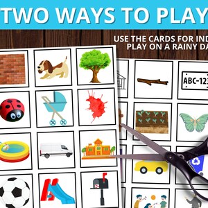 Op de afbeelding: Ge&iuml;llustreerde kaarten met afbeeldingen zoals een hond, boom en lieveheersbeestje. De tekst luidt "TWO WAYS TO PLAY" en "USE THE CARDS FOR INDOOR PLAY ON A RAINY DAY". Een schaar snijdt de kaarten.