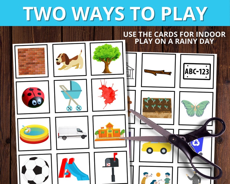 Op de afbeelding: Ge&iuml;llustreerde kaarten met afbeeldingen zoals een hond, boom en lieveheersbeestje. De tekst luidt "TWO WAYS TO PLAY" en "USE THE CARDS FOR INDOOR PLAY ON A RAINY DAY". Een schaar snijdt de kaarten.