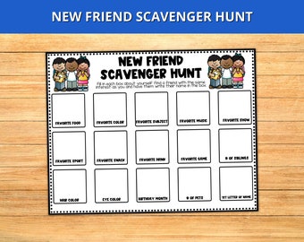 May include: Black and white printable scavenger hunt game for kids. The game is called "New Friend Scavenger Hunt".  The game has 16 boxes with prompts like "Favorite Food", "Favorite Color", "Favorite Subject", "Favorite Music", "Favorite Show", "Favorite Sport", "Favorite Snack", "Favorite Drink", "Favorite Game", "# of Siblings", "Hair Color", "Eye Color", "Birthday Month", "# of Pets", and "1st Letter of Name".