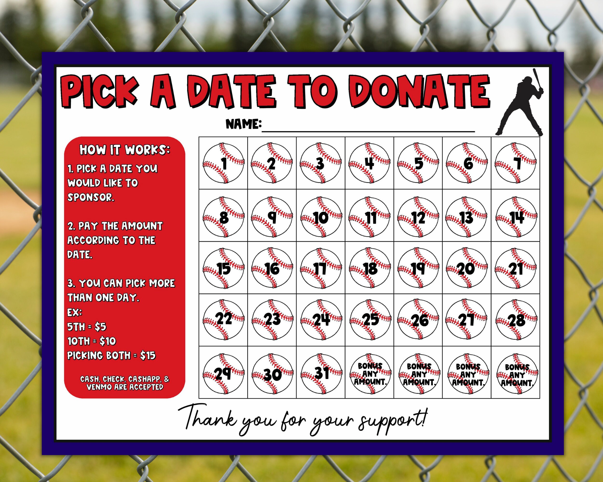 Baseball Calendar Fundraiser Pick A Date To Donate Printable Baseball 