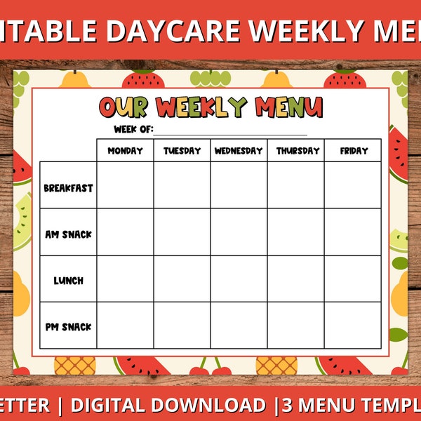 Editable Daycare Weekly Menu, Editable Daycare Menu, Fillable Daycare Weekly Meal Planner Printable