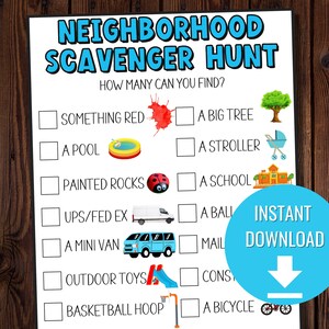 Op de afbeelding: Een afdrukbare buurt speurtocht checklist met kleurrijke illustraties. De blauwe koptekst luidt "NEIGHBORHOOD SCAVENGER HUNT". Bevat afbeeldingen van een rode verfspat, een boom, een zwembad, een kinderwagen, beschilderde rotsen en een fiets.