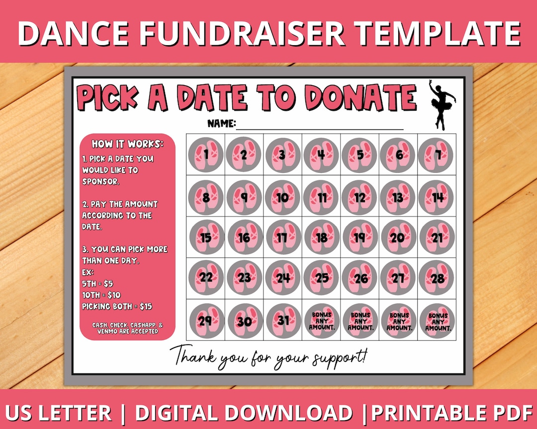 Dance Calendar Fundraiser, Pick a Date to Donate Printable, Dance Dance Calendar Fundraiser, Pick a Date to Donate Printable, Dance