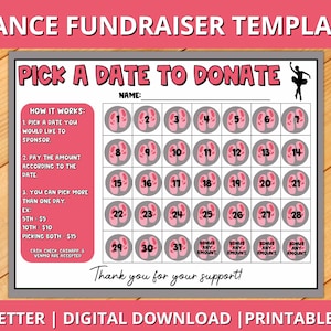 Dance Calendar Fundraiser, Pick a Date to Donate Printable, Dance, Fundraiser Template Ballet Fundraiser Template