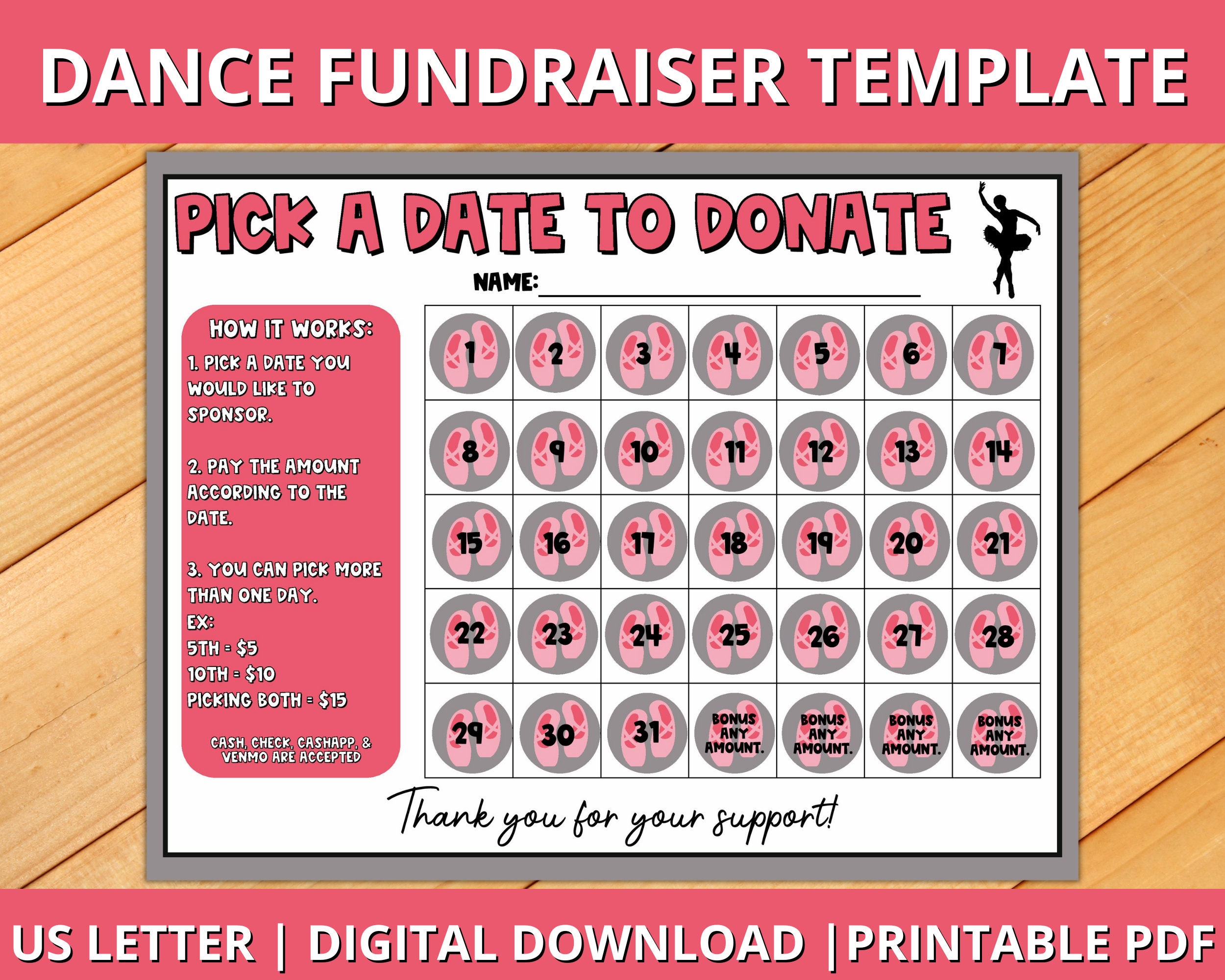 Dance Calendar Fundraiser, Pick a Date to Donate Printable, Dance