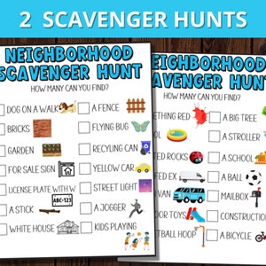 Op de afbeelding: Twee afgedrukte speurtochten met de titels "Neighborhood Scavenger Hunt" en "Neighborhood Avenger Hunt". De lijsten bevatten ge&iuml;llustreerde items om te vinden, waaronder een hond, bakstenen, een hek en een gele auto. Een potlood ligt ernaast.