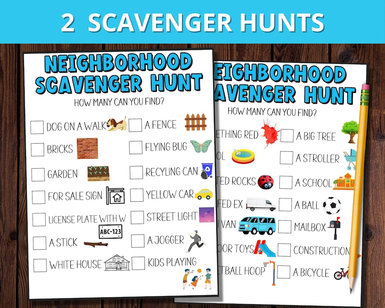 Op de afbeelding: Twee afgedrukte speurtochten met de titels "Neighborhood Scavenger Hunt" en "Neighborhood Avenger Hunt". De lijsten bevatten ge&iuml;llustreerde items om te vinden, waaronder een hond, bakstenen, een hek en een gele auto. Een potlood ligt ernaast.
