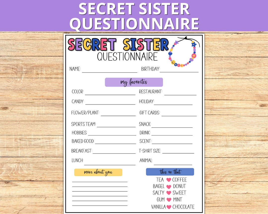 Secret Sister Questionnaire, Secret Sister Printable Survey, Gift ...