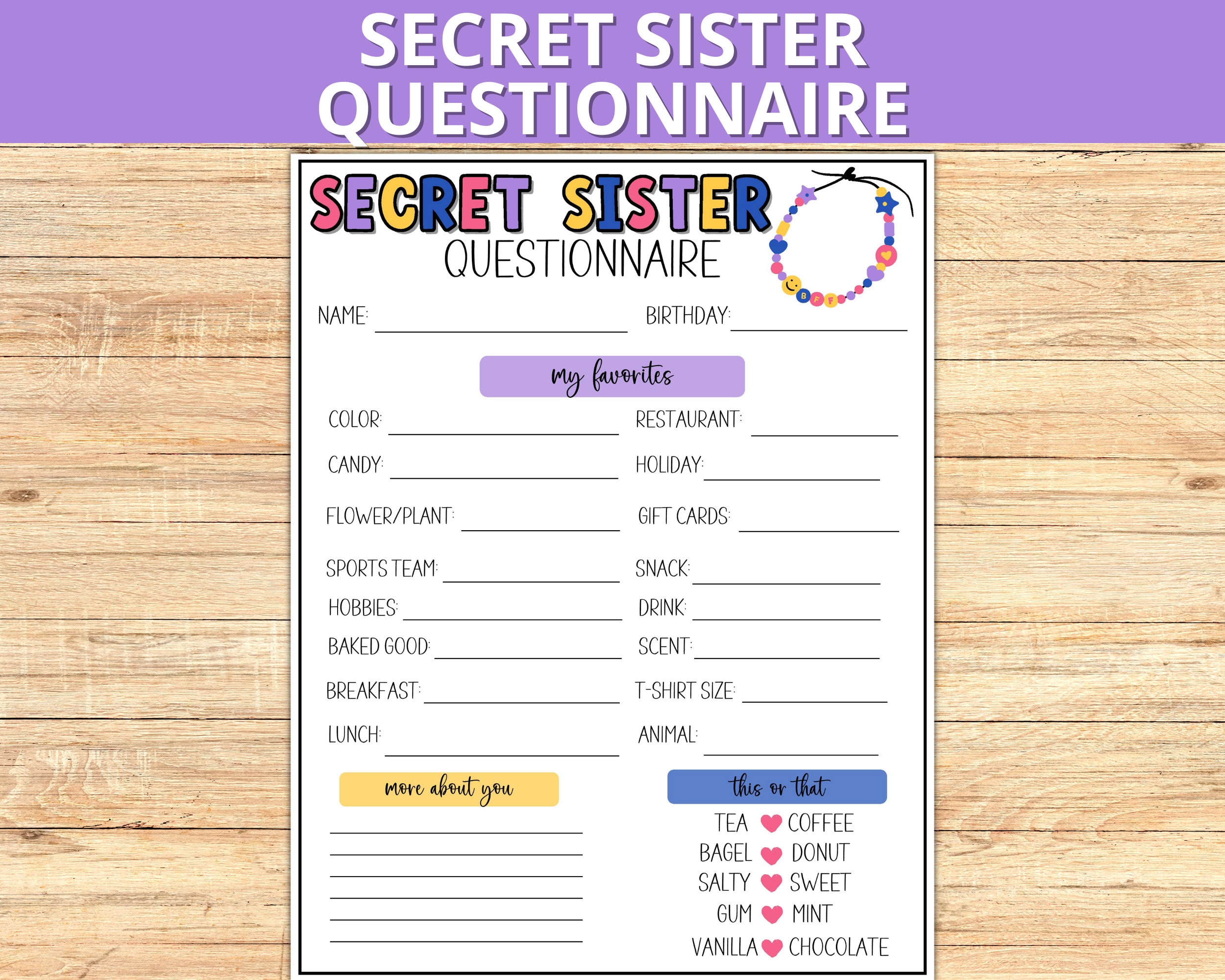 Secret Sister Questionnaire, Secret Sister Printable Survey, Gift