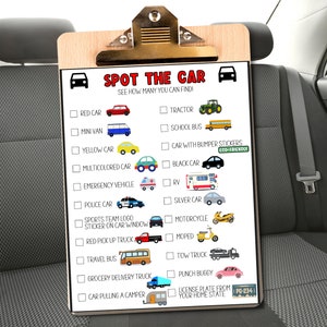 May include: A printable checklist for a car spotting game. The checklist includes a variety of vehicles, including a red car, a mini van, a yellow car, a multicoloured car, an emergency vehicle, a police car, a sports team logo sticker on a car window, a red pick-up truck, a travel bus, a grocery delivery truck, a car pulling a camper, a tractor, a school bus, a car with bumper stickers, a black car, an RV, a silver car, a motorcycle, a moped, a tow truck, a punch buggy, and a licence plate from your home state.