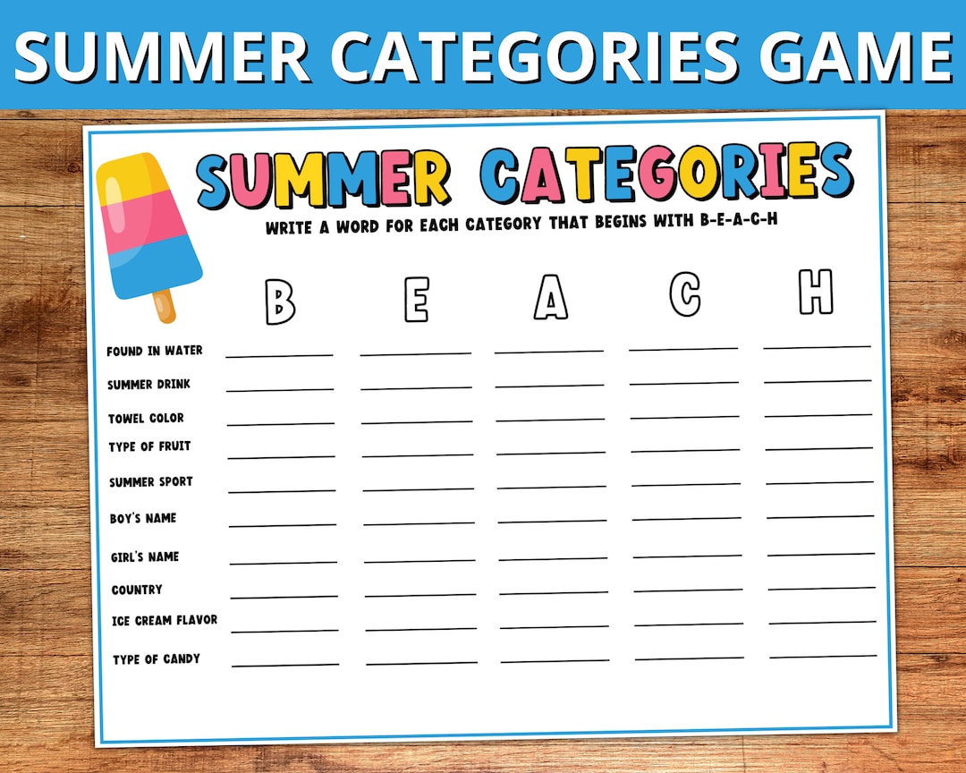 Summer Categories Game, Printable Summer Game for Kids & Adults, Summer