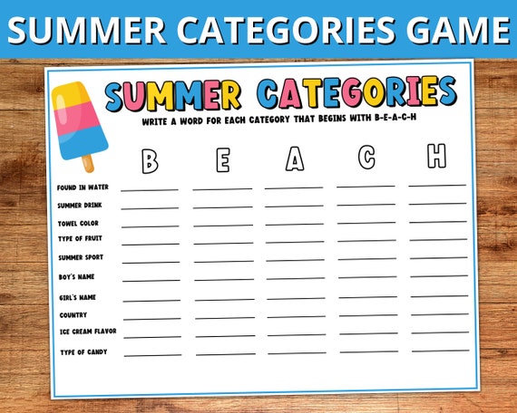 Summer Categories Game, Printable Summer Game for Kids & Adults