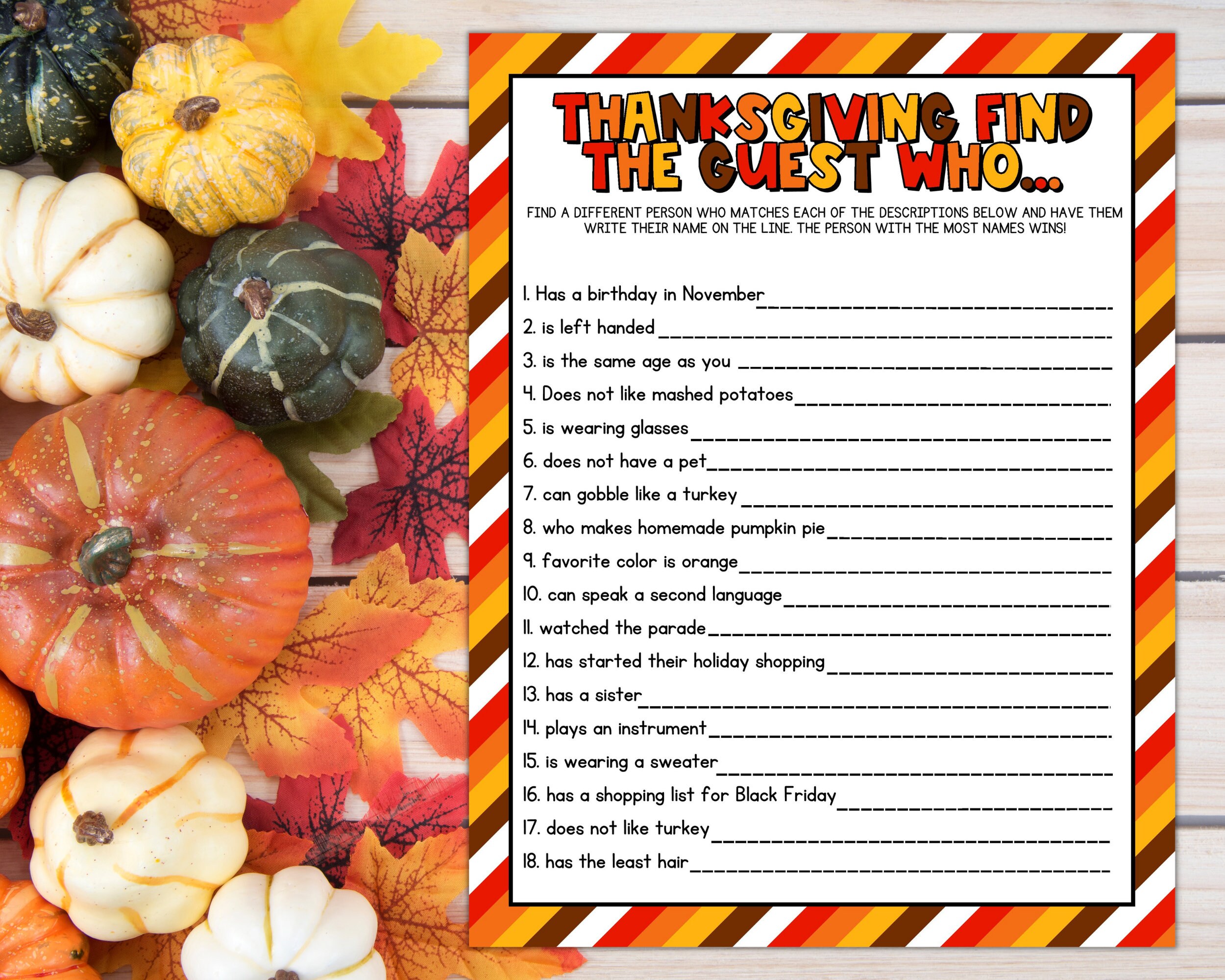 Thanksgiving Find the Guest Who Game Adult Thanksgiving Party - Etsy