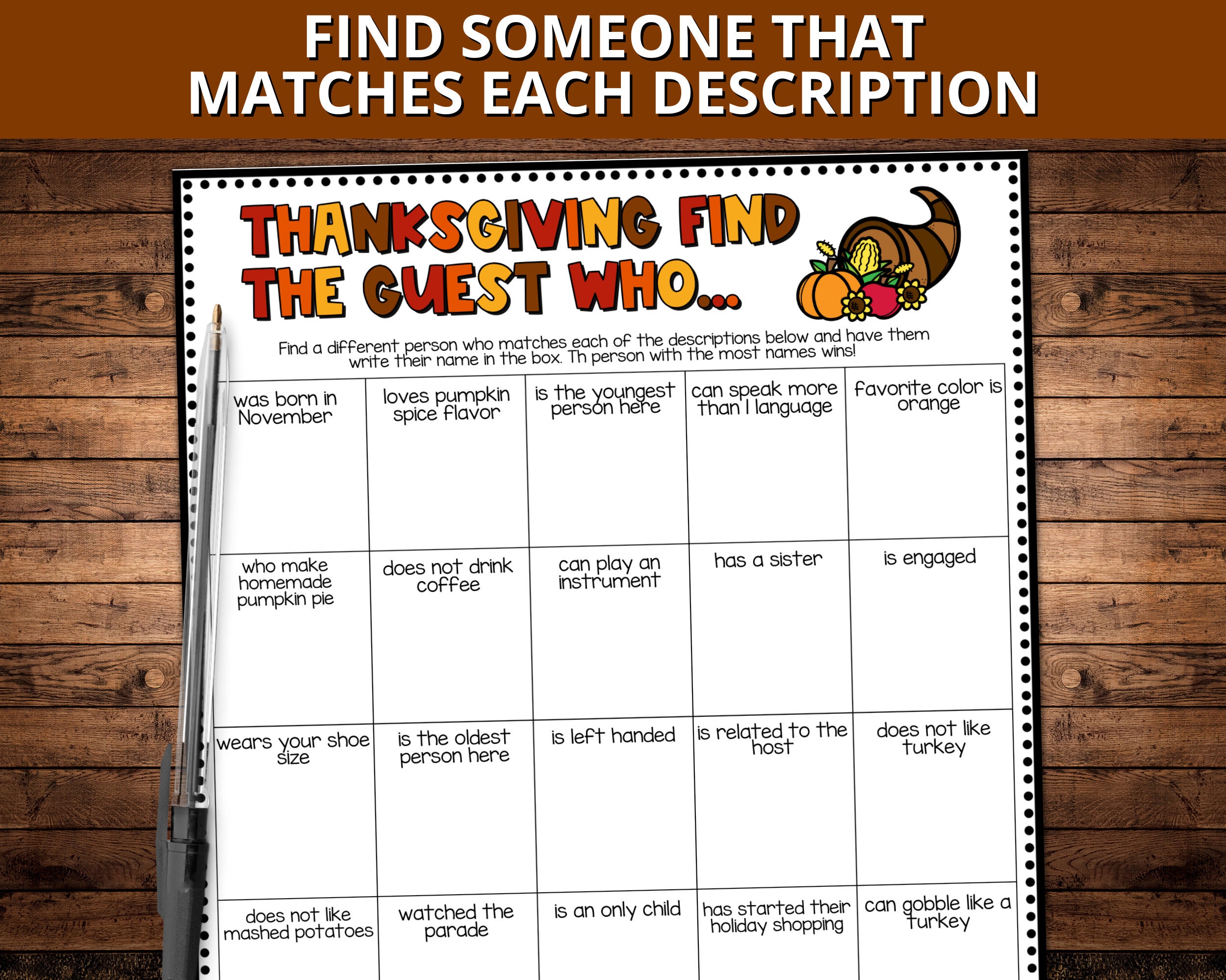 Thanksgiving Find the Guest Who Game, Adult Thanksgiving Party Games ...