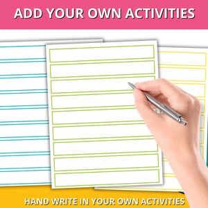 May include: Three blank white cards with lines for writing. The cards have blue, green, and yellow borders. The text "ADD YOUR OWN ACTIVITIES" is at the top of the image. The text "HAND WRITE IN YOUR OWN ACTIVITIES" is at the bottom of the image.