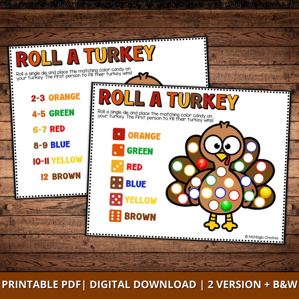 Roll a Turkey Game, Thanksgiving games for kids,  Kids Table Game, Printable Thanksgiving Party Games