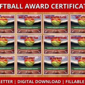 Softball Award Certificates, End of Season Softball Award Certificates, Softball Participation Awards