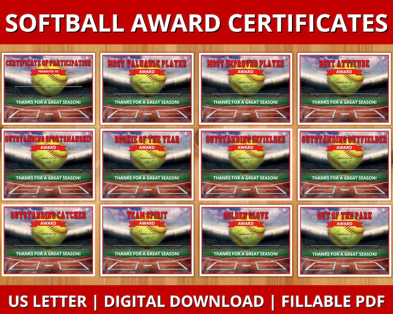 Softball Award Certificates, End of Season Softball Award Certificates