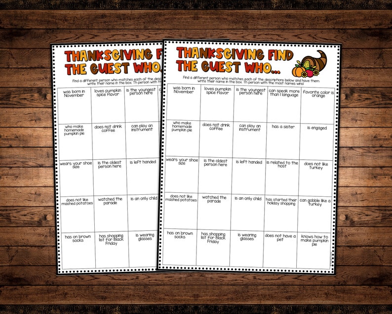 Thanksgiving Find the Guest Who Game, Adult Thanksgiving Party Games ...