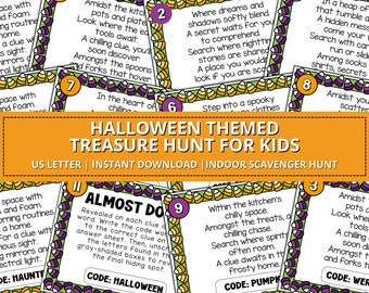 May include: A Halloween-themed treasure hunt for kids with nine printable cards featuring spooky clues and a candy corn design. The cards are labeled with numbers 1 through 9. The text on the cards includes the words "Almost Do", "Halloween", "Pumpkin", and "Werewolf".