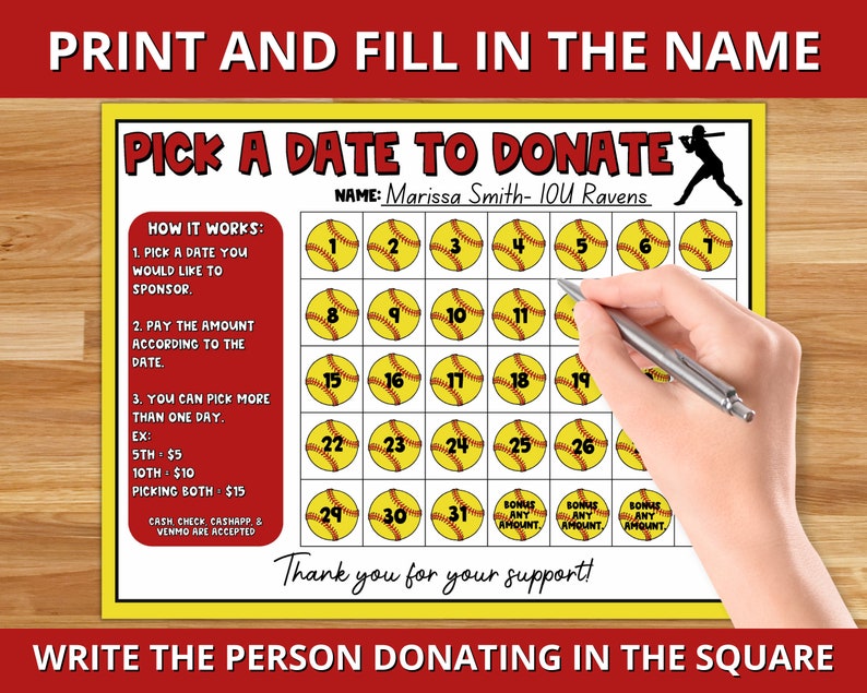 Softball Calendar Fundraiser Pick A Date To Donate Printable Etsy