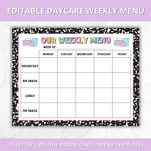 May include: Editable weekly menu template for daycare with a black and white notebook paper background. The template has sections for breakfast, AM snack, lunch, and PM snack. The days of the week are listed across the top: Monday, Tuesday, Wednesday, Thursday, and Friday.