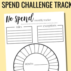 May include: A printable black and white no spend challenge tracker with a circle divided into 31 sections for each day of the month. The tracker includes sections for rules and exceptions.