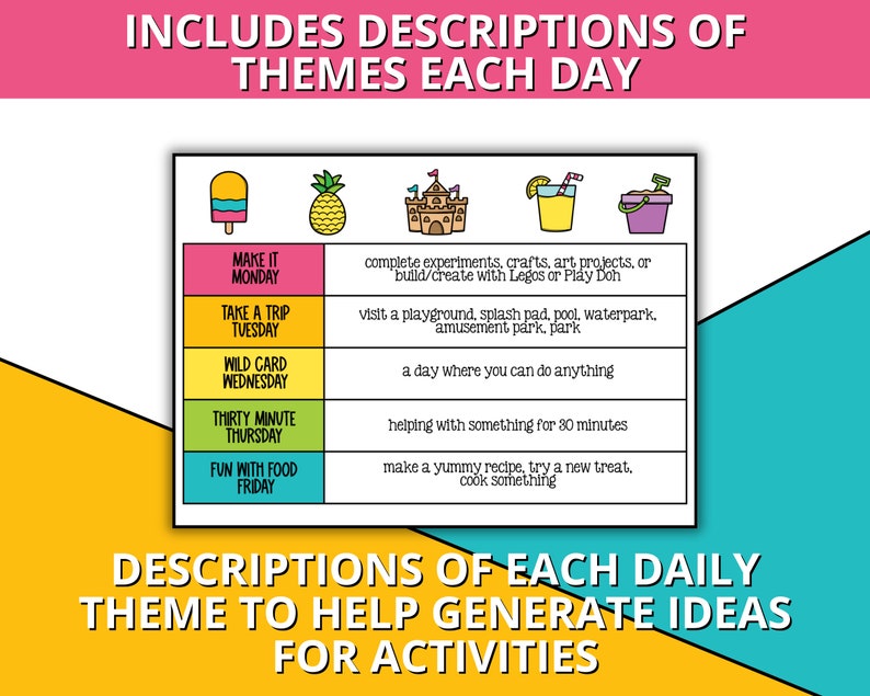May include: A colourful chart with illustrations of a popsicle, pineapple, castle, glass of lemonade, and a bucket. The chart lists daily themes for activities, including "Make It Monday", "Take a Trip Tuesday", "Wild Card Wednesday", "Thirty Minute Thursday", and "Fun with Food Friday".