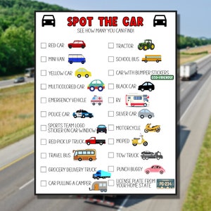 May include: A printable game for children to spot different types of vehicles on a motorway. The game includes a checklist of vehicles to find, such as a red car, mini van, yellow car, school bus, tractor, black car, RV, police car, silver car, red pick-up truck, travel bus, motorcycle, moped, tow truck, grocery delivery truck, car pulling a camper, and punch buggy. The game also includes a space for a number plate from your home county.