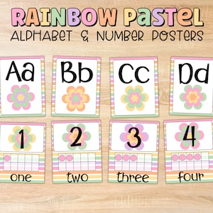 Pastel Rainbow Alphabet and Number Posters, Groovy Classroom Décor