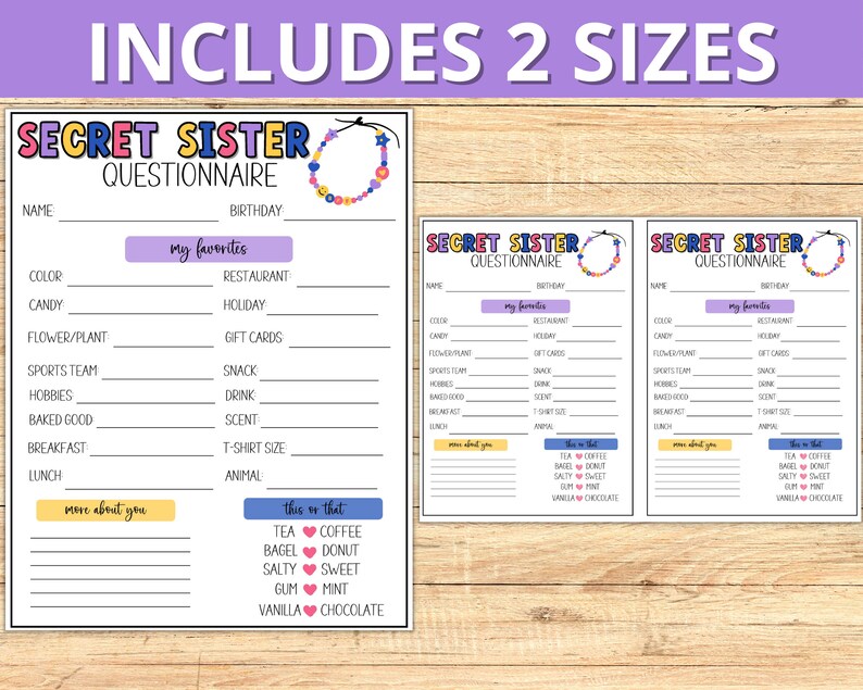 Secret Sister Questionnaire, Secret Sister Printable Survey, Gift ...