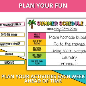 May include: A printable summer schedule featuring a watermelon graphic and a palm tree. The schedule is divided into days of the week, with activities listed for each day. The activities include making homemade bubbles, going to the cinema, having a living room sleepover, doing laundry, and having lemonade.