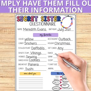 Secret Sister Questionnaire, Secret Sister Printable Survey, Gift ...