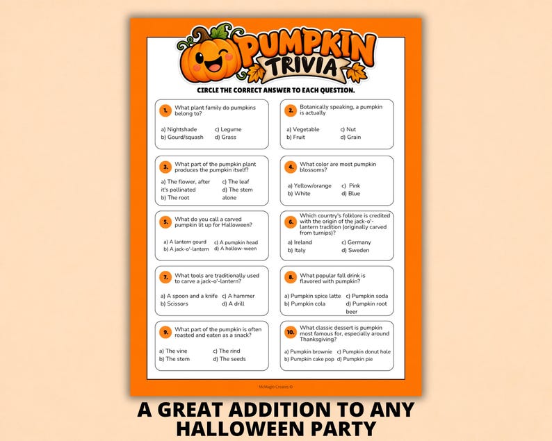 How Many Question Sign Cartoon Pumpkin Trivia Game, Printable Fall Party Game for Kids, Halloween ...